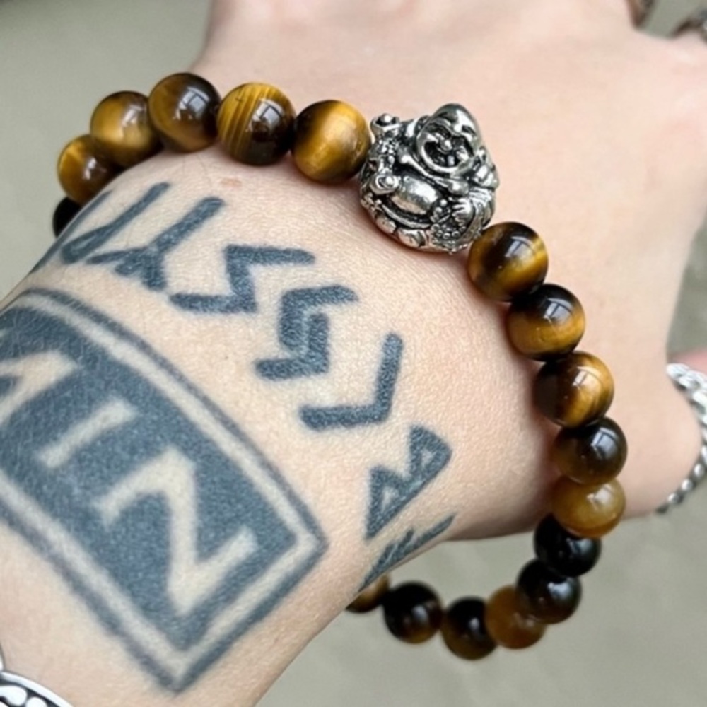 Men Buddha golden brown tiger eye  gemstones beads boho handmade bracelet